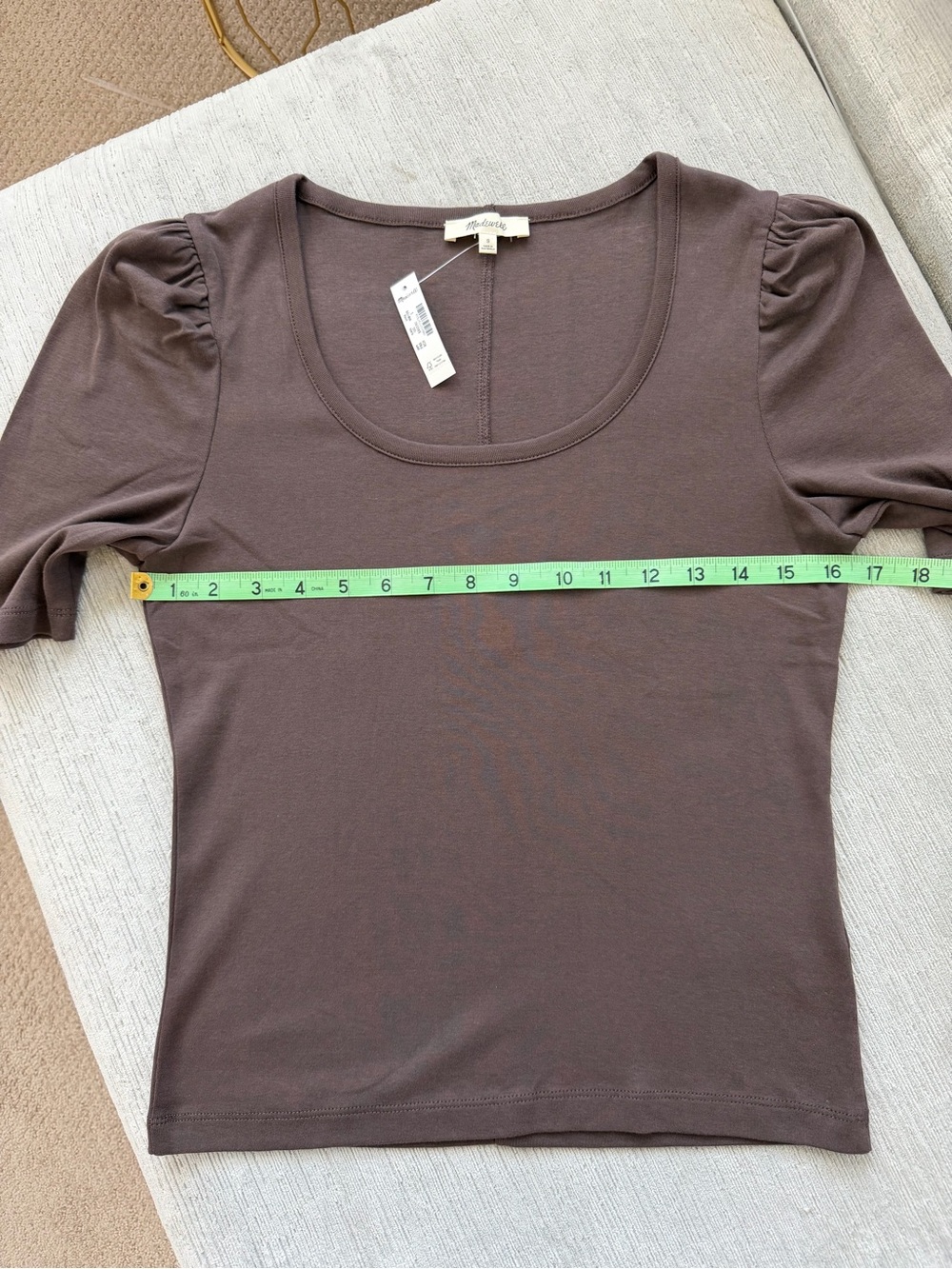 Madewell Puff Sleeve Scoop Neck Tee Brown Cotton Top Size S NWT - Picture 3 of 7